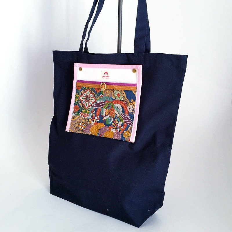 Tote bag with brocaded pocket with Japanese Traditional Pattern - Handbags & Totes - Other Materials Blue