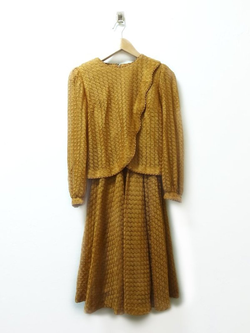 Deep mustard knit blouse fake two vintage style dress Japan - จัมพ์สูท - วัสดุอื่นๆ สีกากี