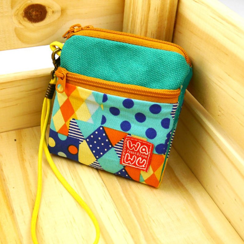 Sandwich toast bag / card coin purse (colorful blue grid) (with string) Japanese cloth to order production* - กระเป๋าสตางค์ - ผ้าฝ้าย/ผ้าลินิน สีเขียว