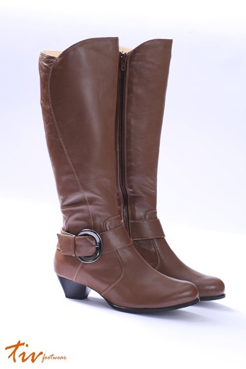 Brown rate leather buckle boots - รองเท้าบูทยาวผู้หญิง - หนังแท้ สีนำ้ตาล