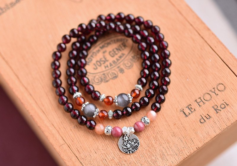 Moonstone*Rose Stone*Garnet Three Circles Sterling Silver Flower Bracelet - Bracelets - Gemstone Red