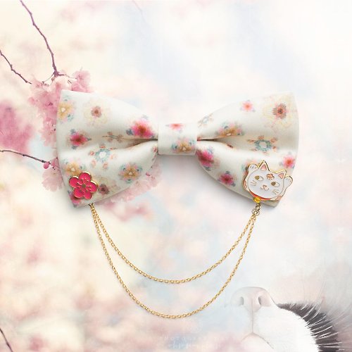Novioshk Style 0160 捕捉櫻花的貓 印花領結連櫻花貓領針