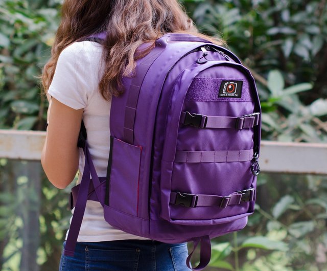 purple camera backpack