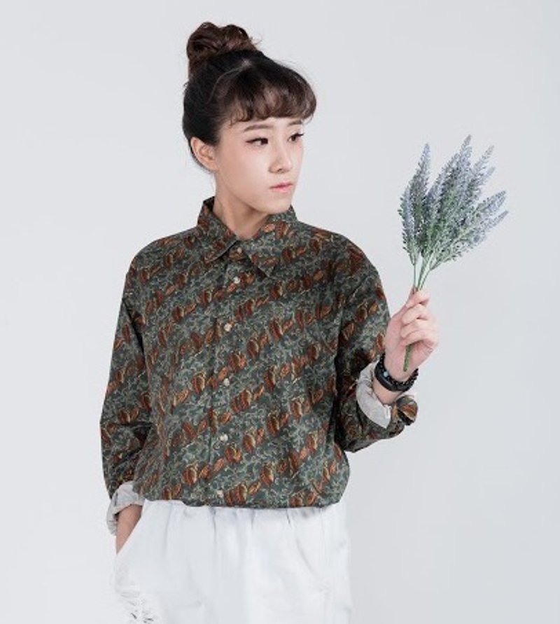 古著襯衫_/ 綠葉 / 印花 / 棉料 / 長袖 / 襯衫 / 男女皆可 - 男襯衫/休閒襯衫 - 其他材質 綠色