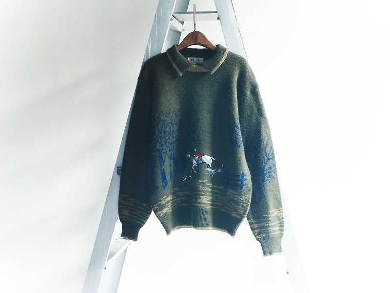 川ヒル - 少年小さな襟のシャツを放牧オリーブグリーンメルセデスビンテージアンティーク羊毛のセーターヴィンテージ特大 - ニット・セーター - ウール グリーン