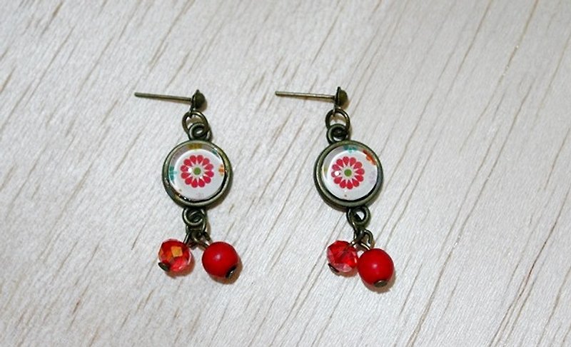 * _ * Alloy pin earrings red flowers - Earrings & Clip-ons - Other Metals Red