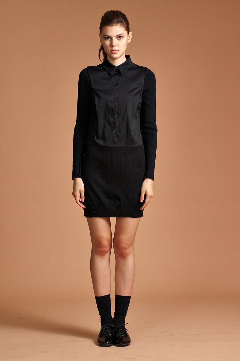 Women Shirt Dress with Merino Wool Sleeve - ชุดเดรส - วัสดุอื่นๆ สีดำ
