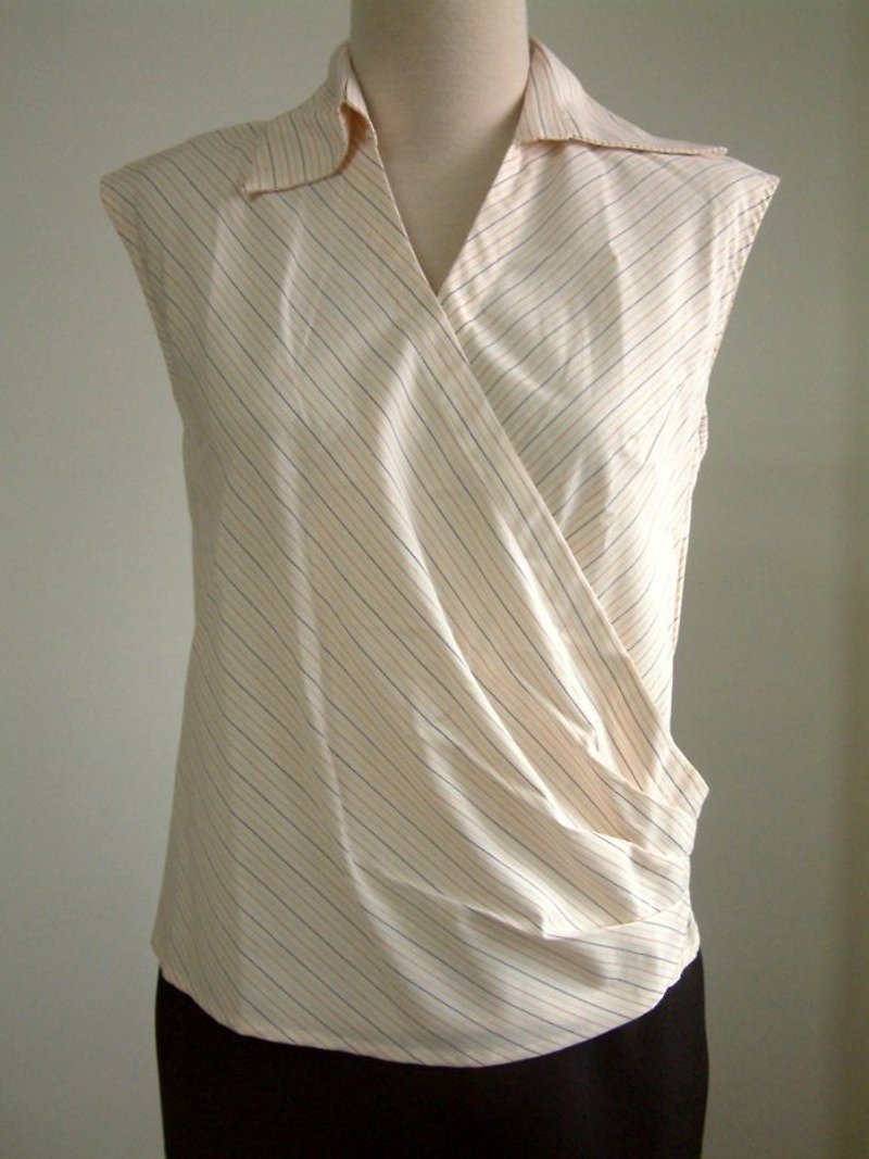 斜邊無袖襯衫領上衣(橘黃咖啡條紋) - 其他 - 其他材質 多色