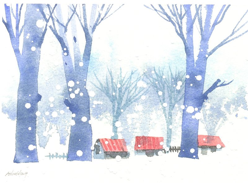 「療癒系樹林系列1-28」水彩手繪限量版明信片/聖誕卡 - 心意卡/卡片 - 紙 藍色