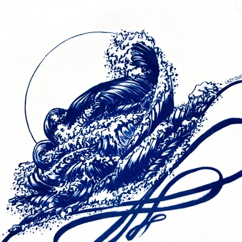 手繪日本和風太陽海浪剌青紋身貼紙 深藍 日式型格中性男性文青 - 紋身貼紙/刺青貼紙 - 紙 藍色