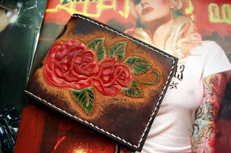 Beautiful back leather carving short clip - Wallets - Genuine Leather 