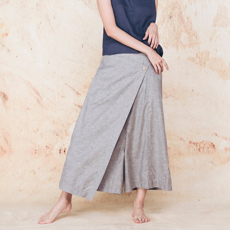 Handmade drop-crotch culottes - Light gray - กางเกงขายาว - ผ้าฝ้าย/ผ้าลินิน สีเทา