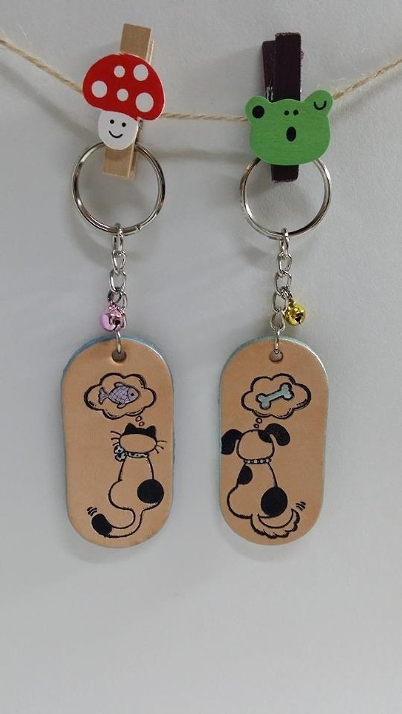 [Momo.mami desire] Cat and dog leather key ring (one pair) - Keychains - Genuine Leather Brown