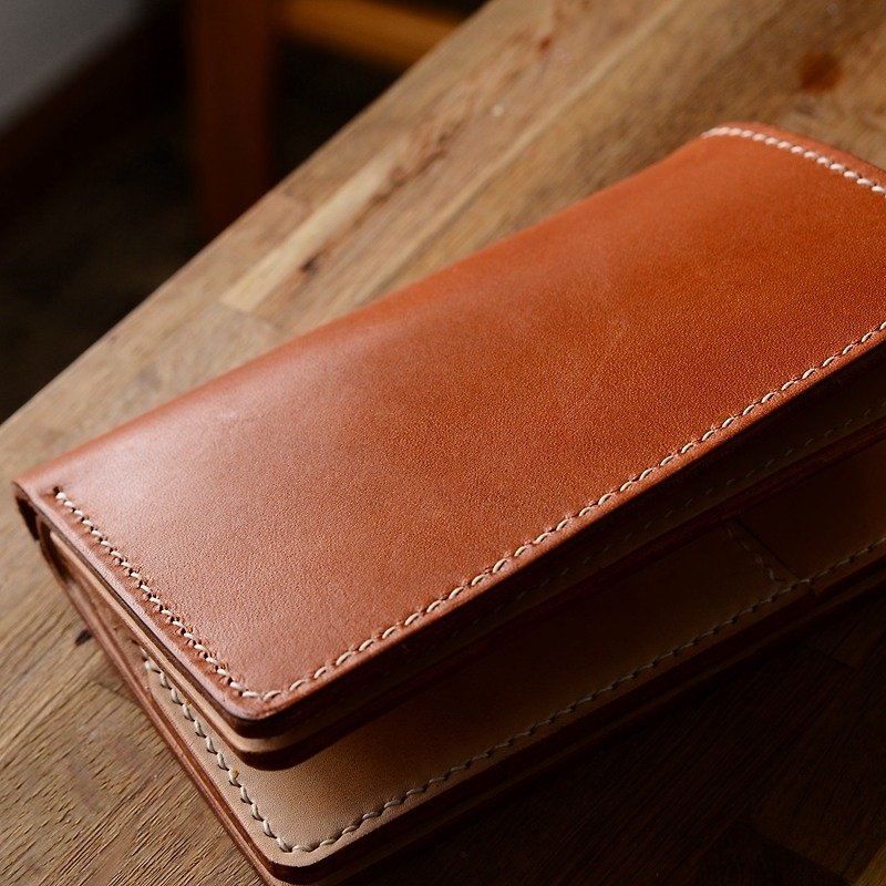 日本櫪木鞍革配原色植鞣 中型財布兩折錢夾錢包 客製 茶色 - 長短皮夾/錢包 - 真皮 橘色