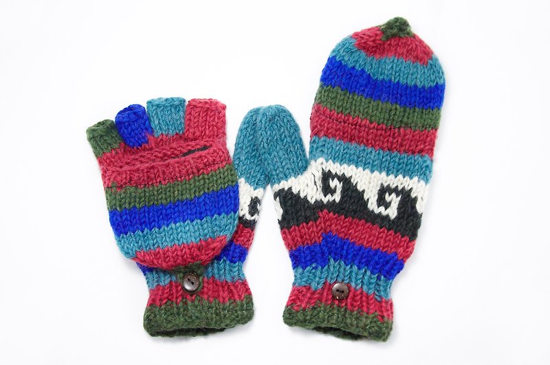 Valentine's Day gift limited one hand-woven pure wool knitted gloves / detachable gloves / inner brush gloves / warm gloves-red and blue ethnic totem - ถุงมือ - วัสดุอื่นๆ หลากหลายสี