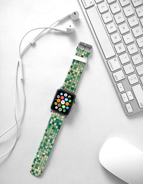 Freshion Apple Watch Series 1 , Series 2, Series 3 - Apple Watch 真皮手錶帶，適用於Apple Watch 及 Apple Watch Sport - Freshion 香港原創設計師品牌 - 緑色階磚石格紋
