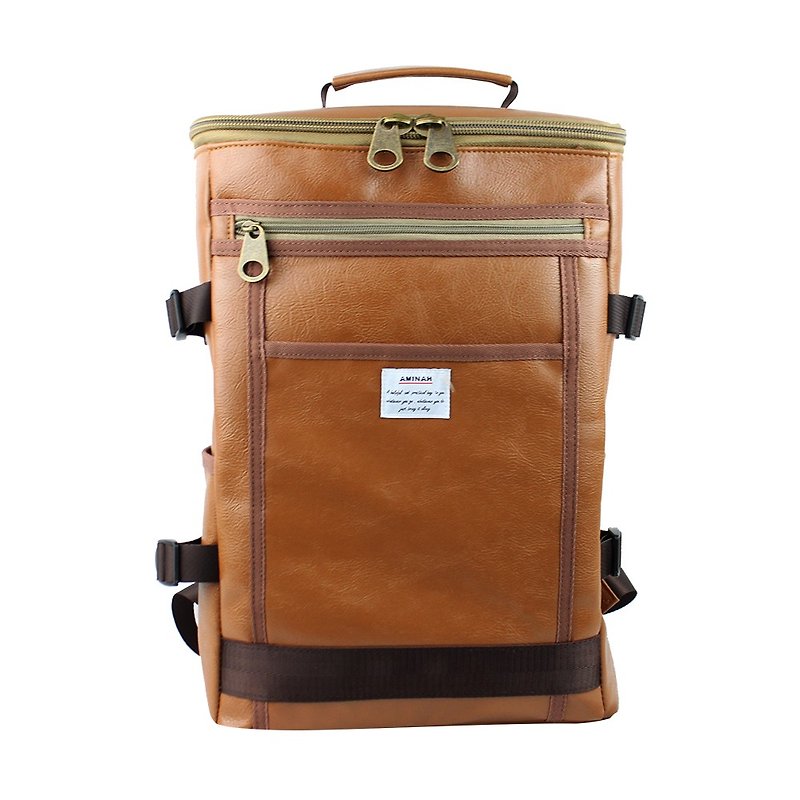 AMINAH-Brown self-confident backpack[am-0291] - กระเป๋าเป้สะพายหลัง - หนังเทียม สีนำ้ตาล