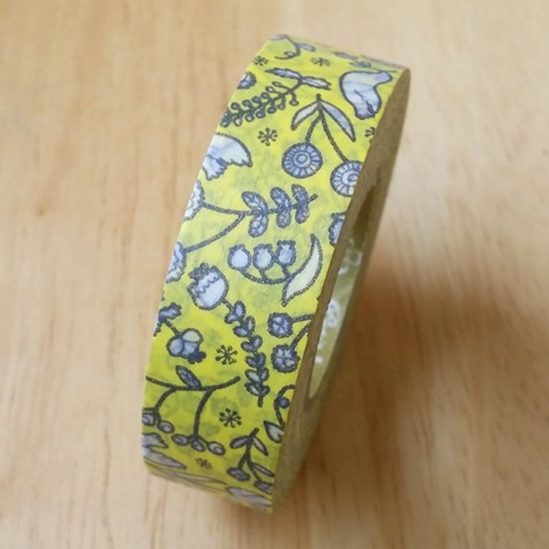 NICHIBAN Petit Joie Masking Tape 和紙膠帶【花鳥 (PJMT-15S009)】 - 紙膠帶 - 紙 黃色