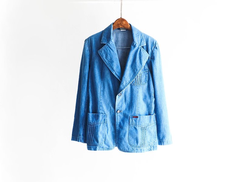 River Hill - Classic French blue sky young girl in antique style suit lapel jacket pounds tannin vintage cowboy denim vintage oversize - เสื้อแจ็คเก็ต - ผ้าฝ้าย/ผ้าลินิน สีน้ำเงิน