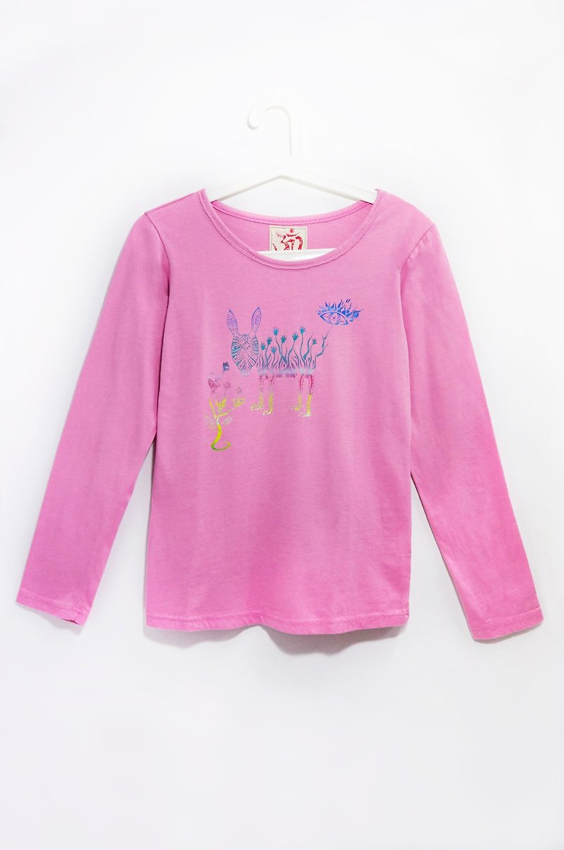 手感森林風棉質長袖上衣 / 非洲草原斑馬 (  粉色 ) - T 恤 - 棉．麻 粉紅色
