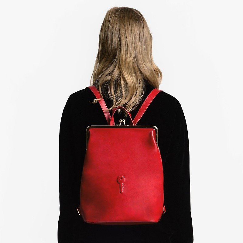 MSKOOK mouth gold leather shoulder bag - red key - Backpacks - Genuine Leather Red