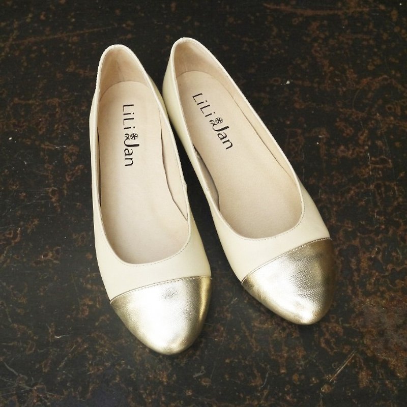 [Attic] jewelry box color stitching doll shoes _ apricot Platinum (Jinyu 22.5) - รองเท้าบัลเลต์ - หนังแท้ สีทอง