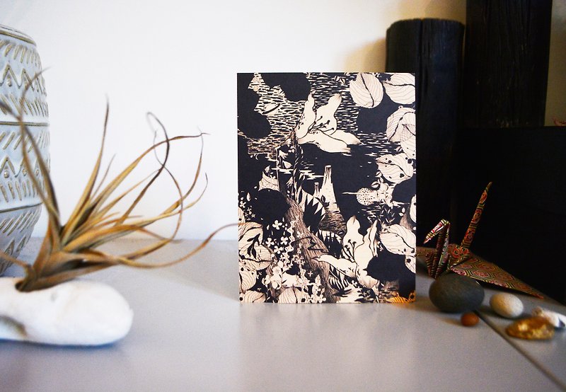 British vintage art postcard ink flowers plants leaves planet universe line drawing volcano - Cards & Postcards - Paper Brown