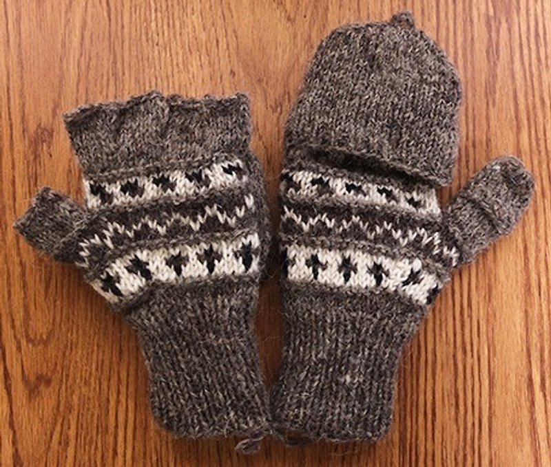 純羊毛編織手套Hand-made in Nepal（單線編織-淺褐） - 手套/手襪 - 其他材質 咖啡色