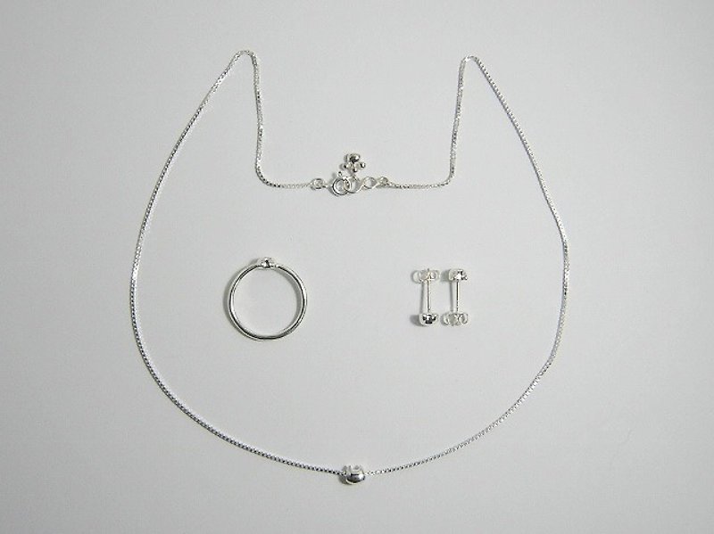 miaow icon 3-piece set ( cat silver ring earrings necklace 貓 猫 銀 戒指 項鍊 耳釘 銀 ) - 其他 - 其他金屬 銀色