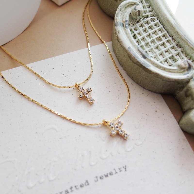 Cha mimi. Taste of autumn. Double-cross diamond and gold short chain - Necklaces - Other Metals Gold