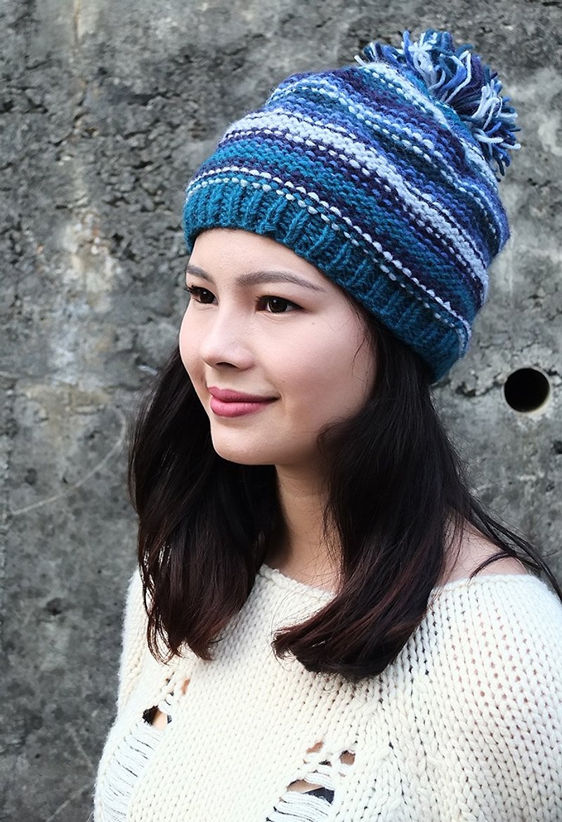 Handmade Hand Knit Wool Beanie Hat with Pompom Stripe_Blue - Hats & Caps - Wool Blue