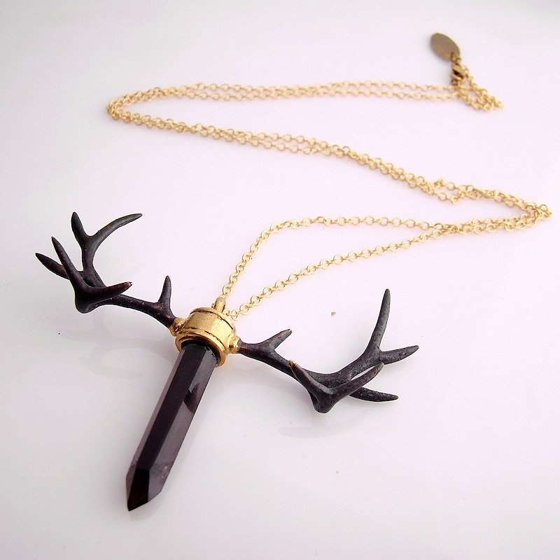 Brass Stag horn pendant with smoky raw quartz stone and oxidized antique color - Necklaces - Other Metals 