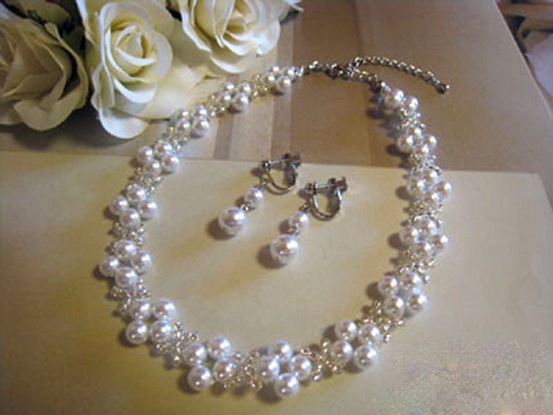 Silky Pearl Choker & Earrings / MA : White - สร้อยคอ - แก้ว ขาว