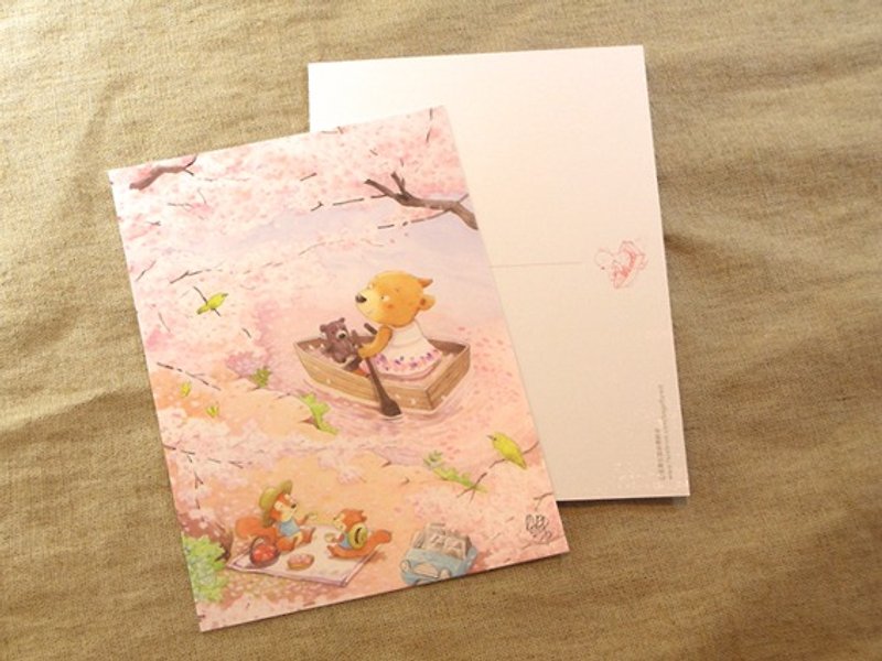 貝果在森林裡散步－划小船賞櫻花〔明信片〕 - 心意卡/卡片 - 其他材質 粉紅色