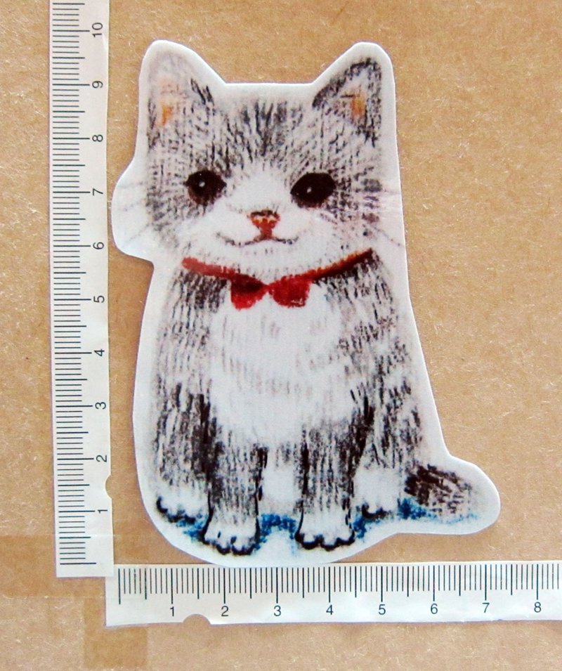 Hand drawn illustration style completely waterproof sticker grey cat red bow tie - สติกเกอร์ - วัสดุกันนำ้ สีเทา