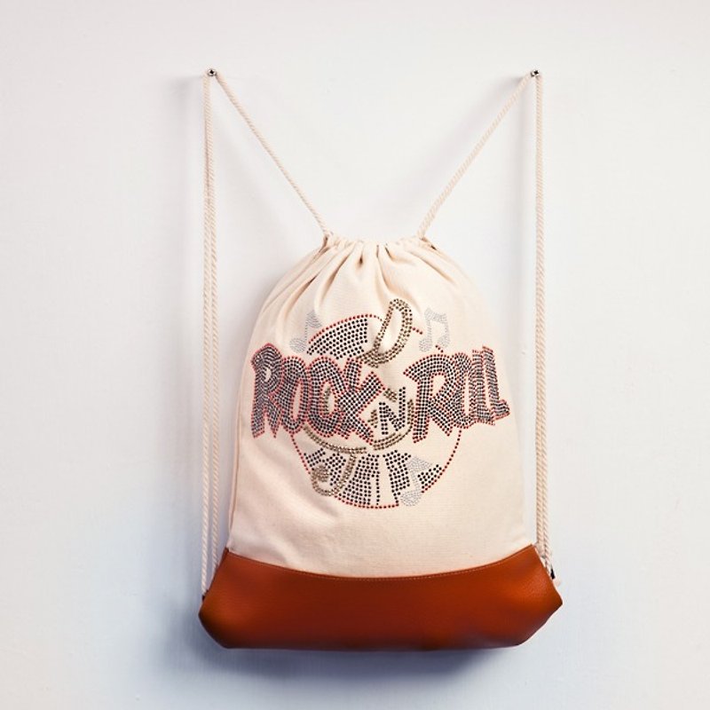 [GFSD] Rhinestone Boutique-Just Love Rock and Roll! ROCK&ROLL-[Turntable] Backpack - กระเป๋าหูรูด - วัสดุอื่นๆ สีนำ้ตาล