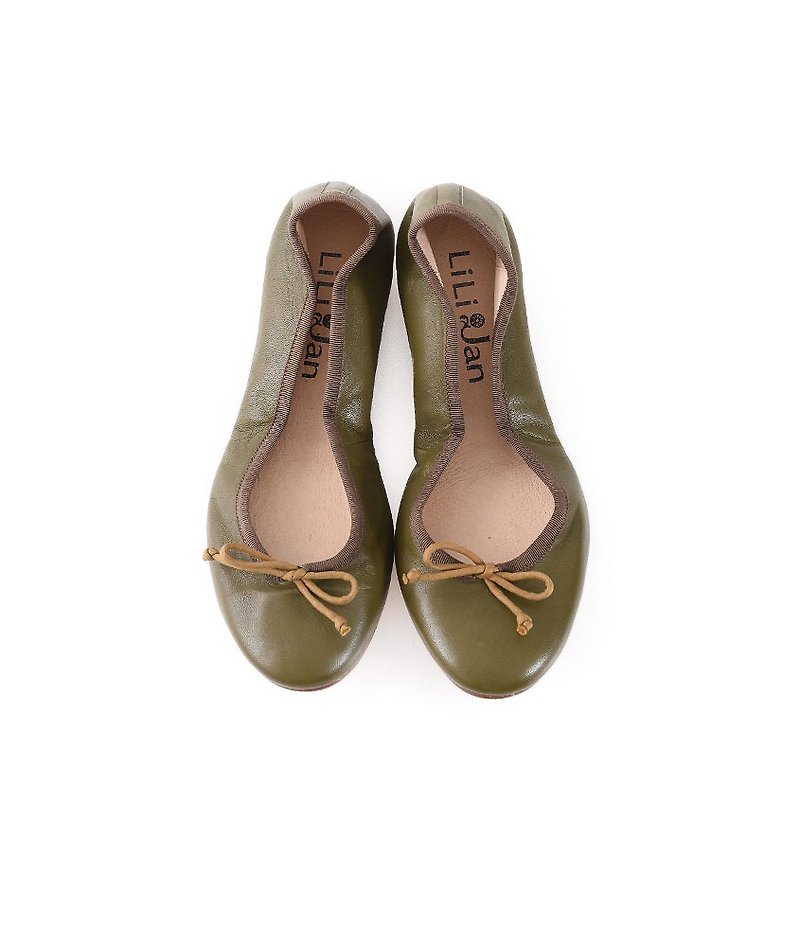 [French yearning] leather folding ballet shoes - matcha green - Mary Jane Shoes & Ballet Shoes - Genuine Leather Green