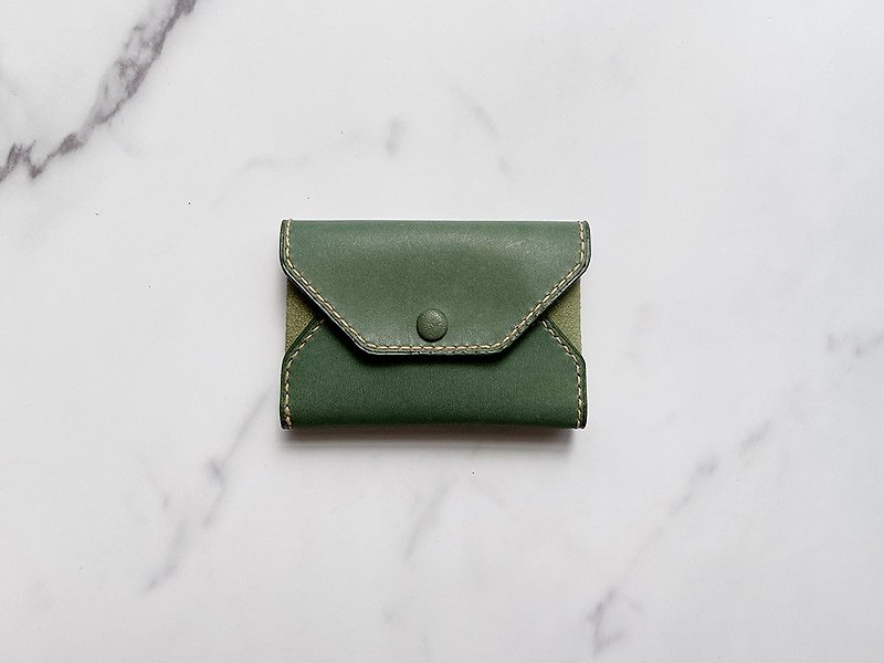 Hand Stitched Vintage Green Double Colorblock Leather Card Coin Purse - กระเป๋าใส่เหรียญ - หนังแท้ สีเขียว