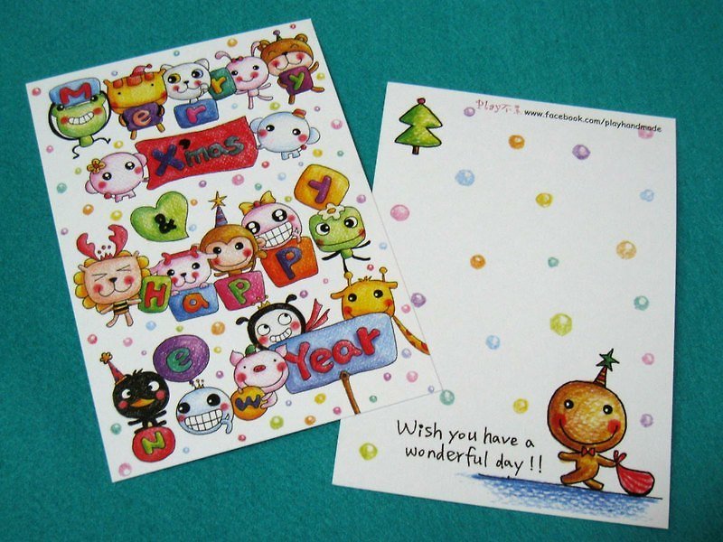 Illustration postcard_Christmas card/New Year's card (animal holding sign) - Cards & Postcards - Paper White
