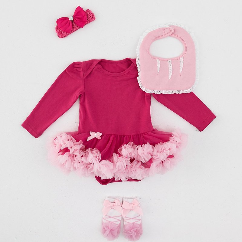 女嬰雪紡蓬蓬裙連身衣禮盒–桃紅芭比(衣+圍兜+寶寶襪) - 滿月禮物 - 棉．麻 粉紅色