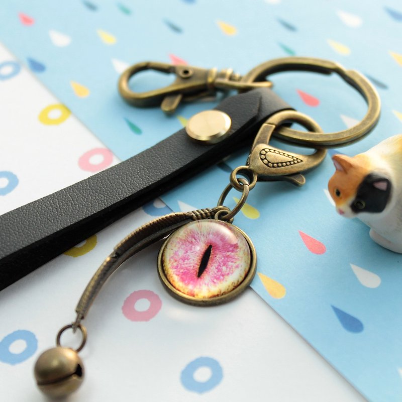 Cat EYE 18mm Cat Eye + Feather Bell Charm Synthetic Belt Keyring-Bronze - Keychains - Other Metals Multicolor