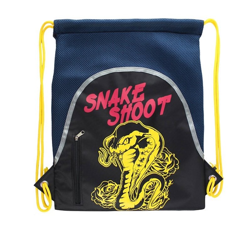 AMINAH-Dark blue yellow snake illustration graffiti wind harness pocket [am-0245] - กระเป๋าหูรูด - เส้นใยสังเคราะห์ สีน้ำเงิน