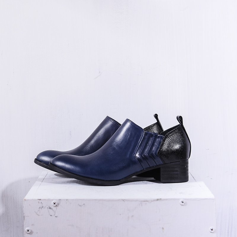 [Miss shopaholic] simple low heel ankle boots _ texture dark blue / lizard black - Women's Booties - Genuine Leather Blue