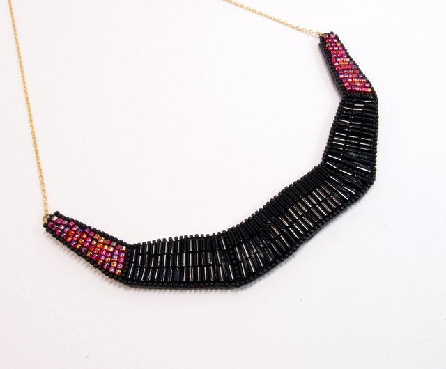 Geometric Embroidery Necklace / Black & Red - Shop SHAO Necklaces