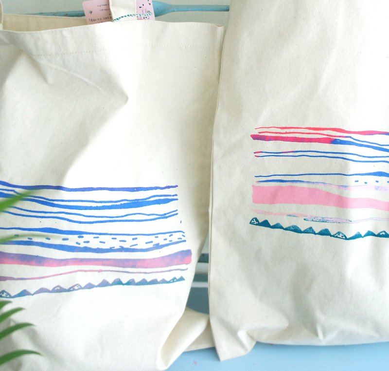 ❃ creek, sea, sand shoulder canvas bag (blue line / pink line) two dimensions - กระเป๋าแมสเซนเจอร์ - วัสดุอื่นๆ ขาว