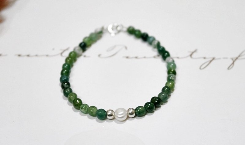 Natural stone x silver buckle button <green forest> // can change elastic bracelet // #绿藻玛瑙# - สร้อยข้อมือ - เครื่องเพชรพลอย สีเขียว