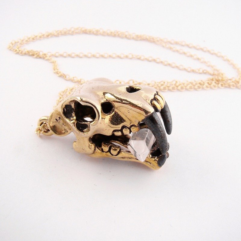 Brass Saber tooth skull pendant with clear quartz stone and oxidized antique color - Necklaces - Other Metals 