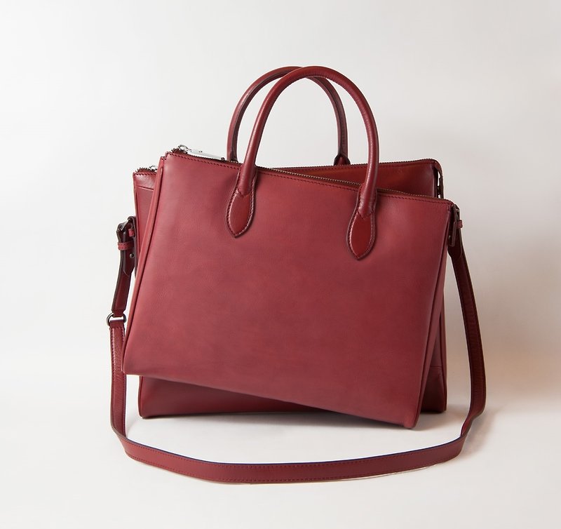 ZigZag irregular Briefcase (burgundy) - กระเป๋าแมสเซนเจอร์ - หนังแท้ สีแดง