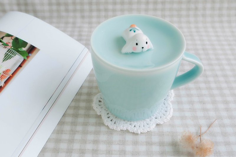 Three shallow ceramic | excited Meng radish rabbit | original creative small bunny covered glass special birthday gift - ถ้วย - วัสดุอื่นๆ สีเขียว