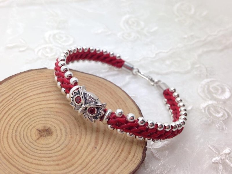 Owl silver beads hand rope - สร้อยข้อมือ - โลหะ สีแดง